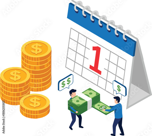 Payday Salary Payment Concept Illustration with Calendar Date, Cash Exchange, and Coin Stacks, Vector Design for Payroll, Finance, Income, and Business Accounting Concepts