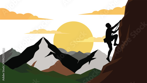 Mountain climbing adventure illustration showing a determined climber scaling a cliff at sunrise, symbolizing challenge, success, leadership, motivation, and outdoor exploration