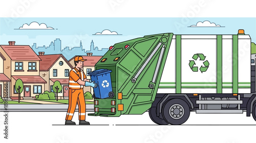 A sanitation worker in uniform emptying a blue recycling bin into a large green garbage truck in a residential neighborhood.