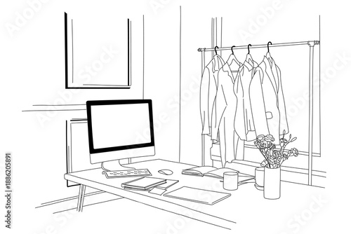 Fashion designer png workspace line art illustration, transparent background