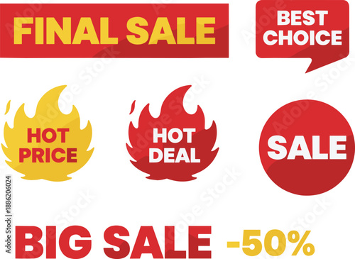 Sale promotion label and badge set illustration with final sale, hot deal, best choice and big sale text, bold marketing elements, flat vector design