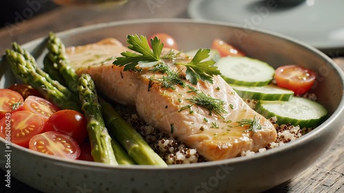 Close up of a colorful and healthy salmon bowl with asparagus tomatoes and cucumber