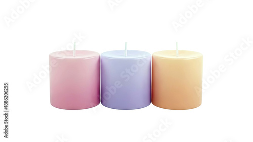 Three pastel pillar candles on white background