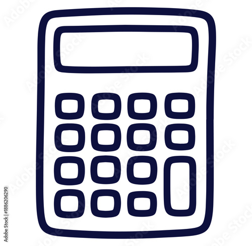 Simple dark blue outline illustration of a calculator for finance and mathematical calculations