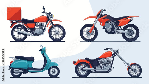 Diverse Motorcycle and Scooter Collection: Delivery, Dirt, Cruiser, and Classic