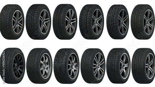 Set of Car Tires and Wheels Collection on White Background