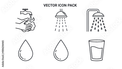 Vector Icon Pack: Water, Hygiene, Shower, Tap, Droplet, Glass