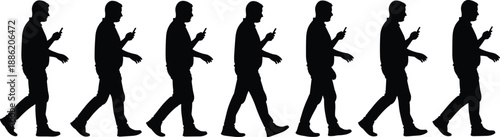 Walking man using smartphone silhouettes sequence, mobile phone addiction concept, side view human figures texting while walking isolated on white background