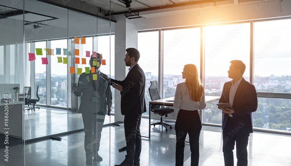 Fototapeta premium Business Professionals in Collaborative Session: A sophisticated team of business professionals brainstorms ideas and strategies within a modern office setting.