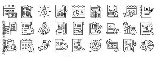 Fiscal Year icon collection. Containing design Budget Analysis, Fiscal Year, Tax Deadline, Financial Review, Income Statement, Accounting Book	