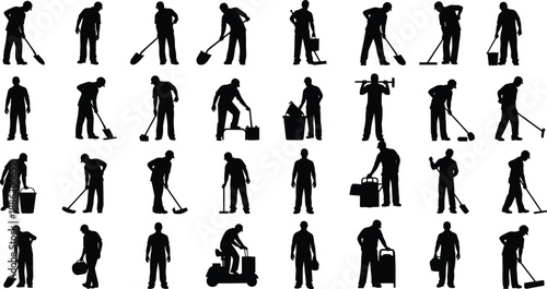 Worker silhouette illustration set showing manual labor and cleaning activities, construction and maintenance poses, black human figures, professional job actions, flat vector collection