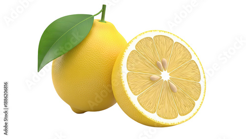 Whole and Halved Lemon with Leaf