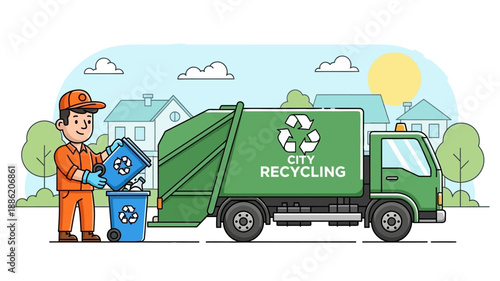 A sanitation worker empties a blue recycling bin into another bin next to a green city recycling truck on a residential street.