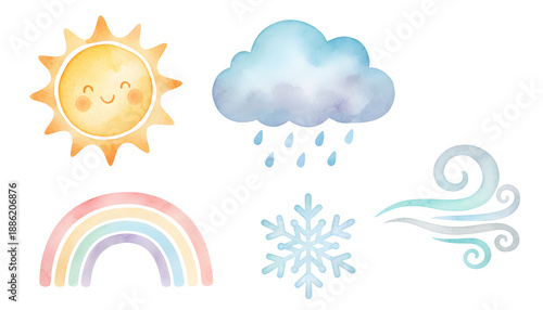 Vibrant watercolor collection of weather elements happy sun, rain cloud, rainbow, snowflake, and wind, perfect for educational and kids' designs