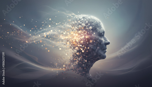 Abstract silhouette of a human head profile with a vibrant explosion of glowing particles symbolizing digital consciousness and the flow of information