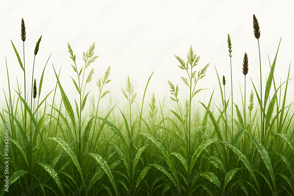 Obraz premium Lush Green Grass Field with Delicate Seed Heads on White Background.