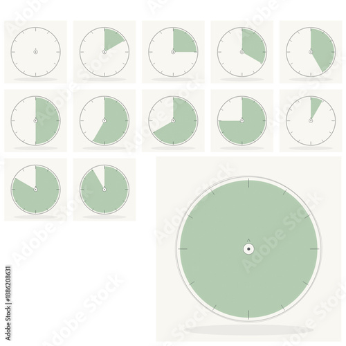 Hand drawn style analog timer icons set. Vector vintage clock symbols with pastel green progress sector and shadow.