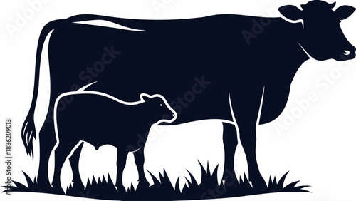 Cow and calf standing together peacefully in the pasture showcasing a serene agricultural scene with a simple black silhouette design.