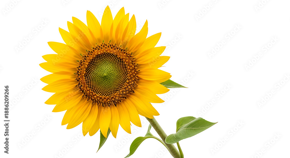 Fototapeta premium Vibrant Yellow Sunflower with Green Stem and Leaves Isolated on Black Background