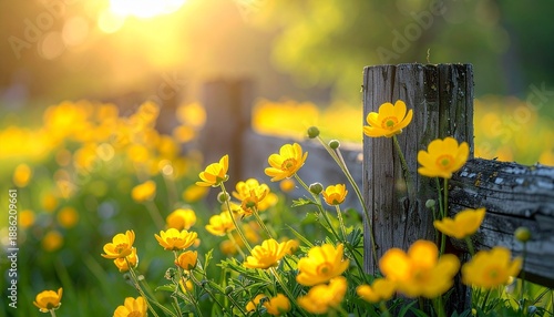 Golden hour sunlight illuminates a vibrant field of yellow buttercup flowers next to a rustic wooden fence post in a serene natural landscape.