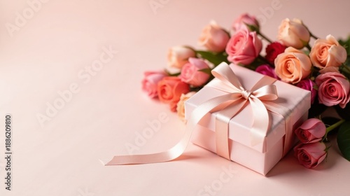 A delicately wrapped pink gift box adorned with a satin ribbon rests beside a vibrant bouquet of pink and peach roses, creating a romantic and celebratory scene.