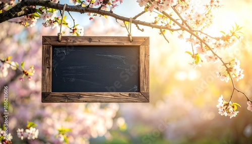 Blank chalkboard sign hanging from a cherry blossom tree branch in warm spring sunlight.