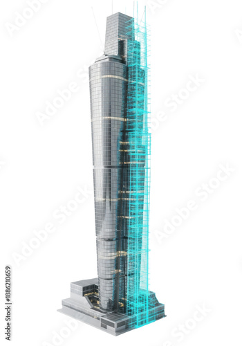colossal futuristic skyscraper model, transitioning from a metallic photorealistic render to a glowing cyan wireframe blueprint, isolated on a transparent background. concept of precision engineering