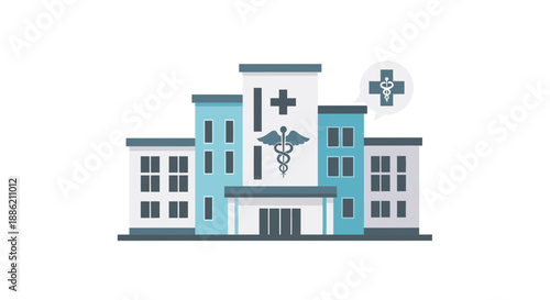 Modern hospital building with medical cross and caduceus symbol