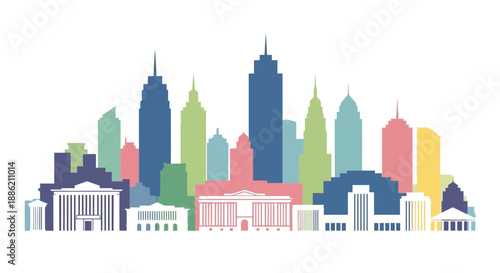 Colorful Skyline Silhouette of Modern City Buildings