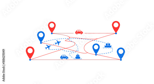 Travel route map with pins, cars, planes, and ships