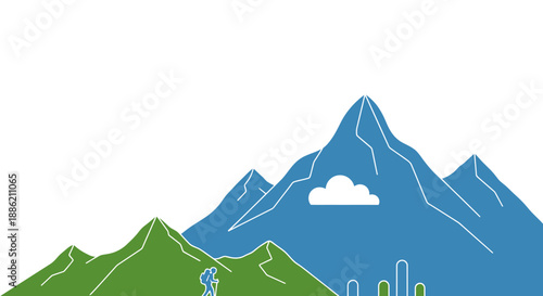 Mountain Hiking Adventure, Scenic Landscape with Hiker and Clouds