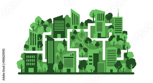 Green Cityscape Illustration: Sustainable Urban Environment Concept