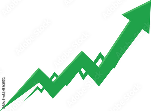 A green arrow graph trending upward with a jagged line indicating fluctuation in growth