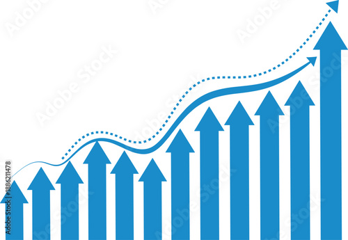 Upward trend graph showing increasing growth and progress with rising arrows and a dotted line indicating steady improvement