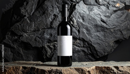 Red wine bottle mockup with blank label on dark rock background
