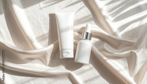 White cosmetic tube and dropper bottle mockup on silk fabric