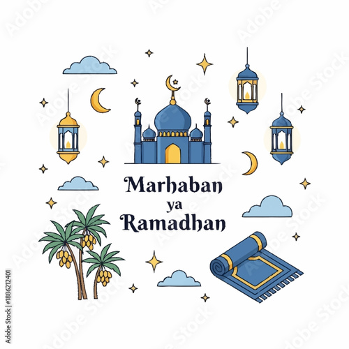 A vibrant illustration featuring a mosque, lanterns, palm trees, and a prayer mat, with 'Marhaban ya Ramadhan' text, set against a white background with stars and crescent moons.