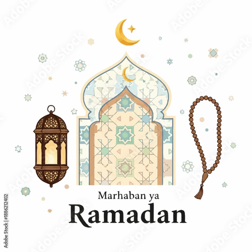 Marhaban ya Ramadan greeting card with traditional lantern, mosque arch, and prayer beads.