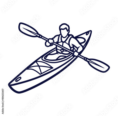 Vector illustration of a person kayaking with a paddle on the water in a minimalist design