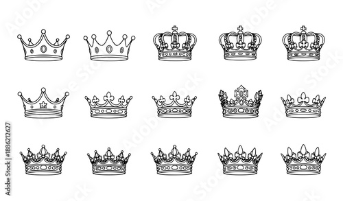 Crown icon set with royal crowns, king and queen symbols vector