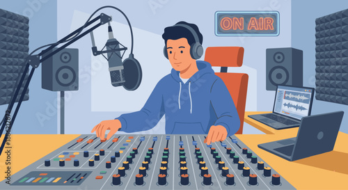 Radio DJ Mixing Music A flat vector illustration of a radio DJ adjusting knobs and sliders on a mixing board. Microphone and laptop nearby. Flat vector design, modern audio studio environment.