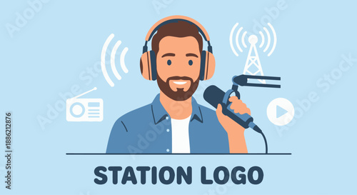 Friendly Radio DJ Portrait A flat vector illustration of a friendly radio DJ smiling confidently, wearing headphones and holding a microphone. Simple background with radio icons.