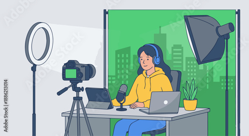 Content Creator Recording Video Blog A flat vector illustration of a content creator recording a vlog in a home or studio setup. Camera, lights, and backdrop visible.