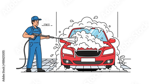 A man in a blue uniform washing a red car covered in soap suds with a high-pressure washer at a car wash.