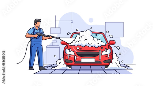 A man in blue overalls washing a red car with a pressure washer, creating soap suds.