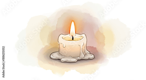 Illustration of a candle with melting wax and a lit flame, viewed from the front, in a soft, serene environment.