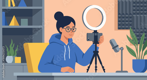 Content Creator Filming with Smartphone A flat vector illustration of a content creator filming a video using a smartphone on a tripod. Ring light, microphone, and simple home studio visible.