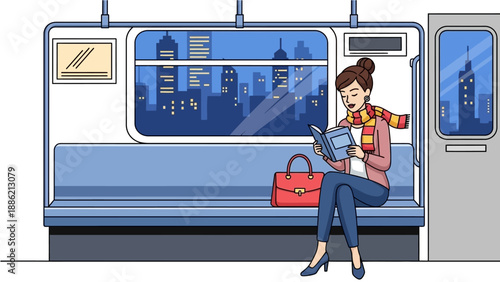 A woman with a scarf reading a book on a train with a city view at night.