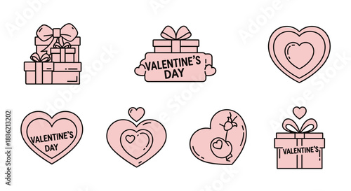 Valentine's Day gift and heart icons set in pink.