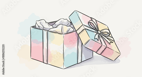 A pastel-colored gift box with a ribbon, slightly ajar, revealing crumpled tissue paper inside, illustration, viewed from the front